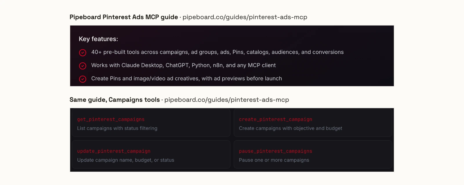 Pipeboard's Pinterest Ads MCP guide listing 40+ pre-built tools and, among its campaign tools, update_pinterest_campaign, described as Update campaign name, budget, or status.