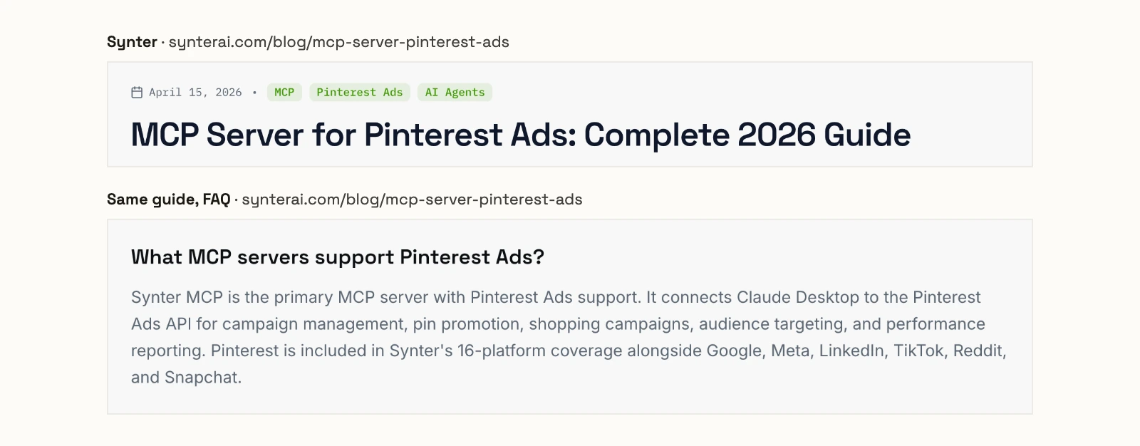 Synter's MCP Server for Pinterest Ads guide, dated April 15, 2026, and its FAQ answer that Synter MCP is the primary MCP server with Pinterest Ads support.