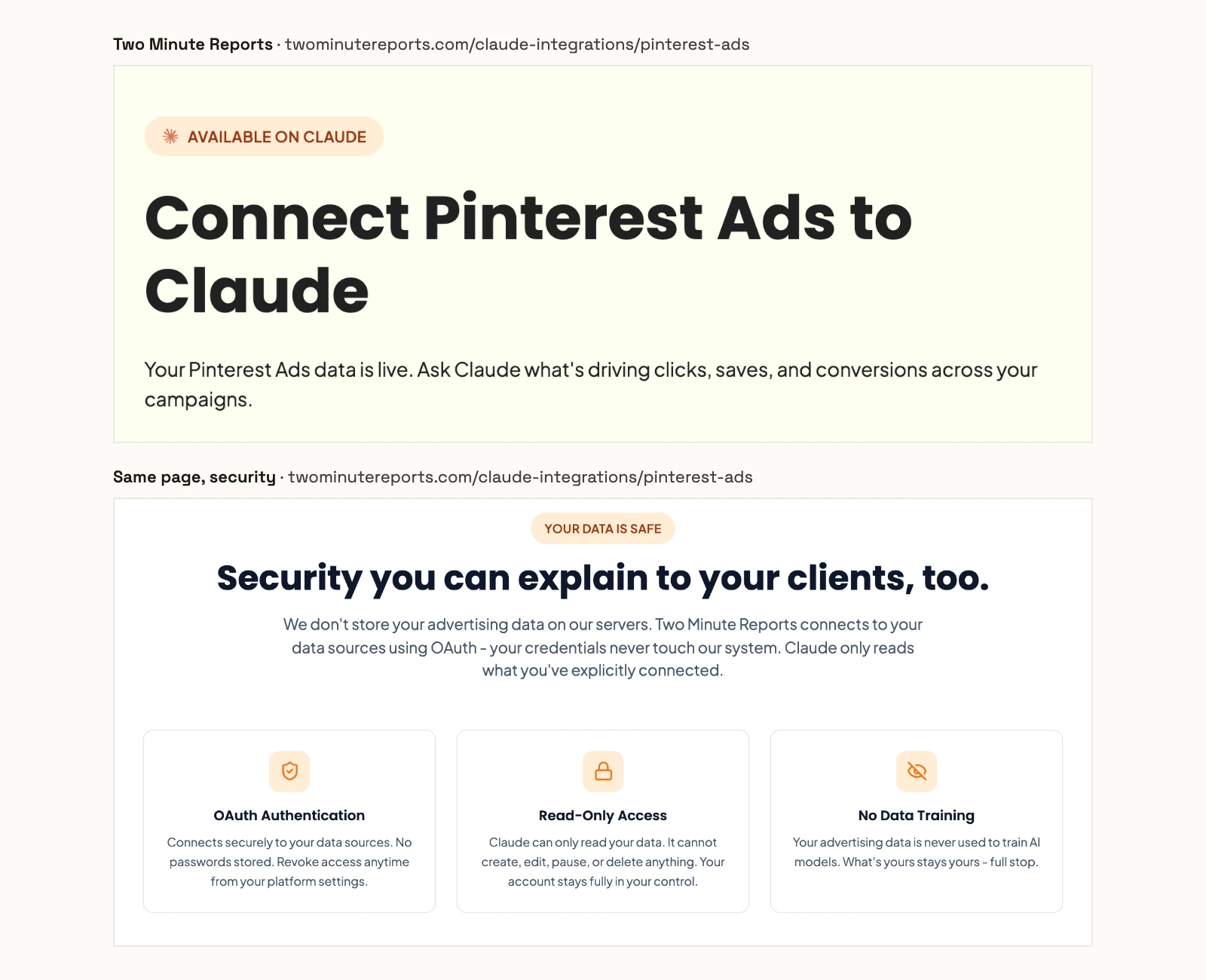 Two Minute Reports' Connect Pinterest Ads to Claude page and its Read-Only Access card saying Claude can only read your data and cannot create, edit, pause, or delete anything.