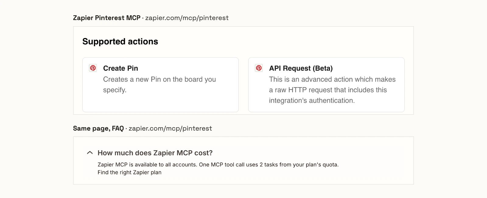 Zapier's Pinterest MCP page listing two supported actions, Create Pin and API Request (Beta), and its FAQ answer that one MCP tool call uses 2 tasks from your plan's quota.