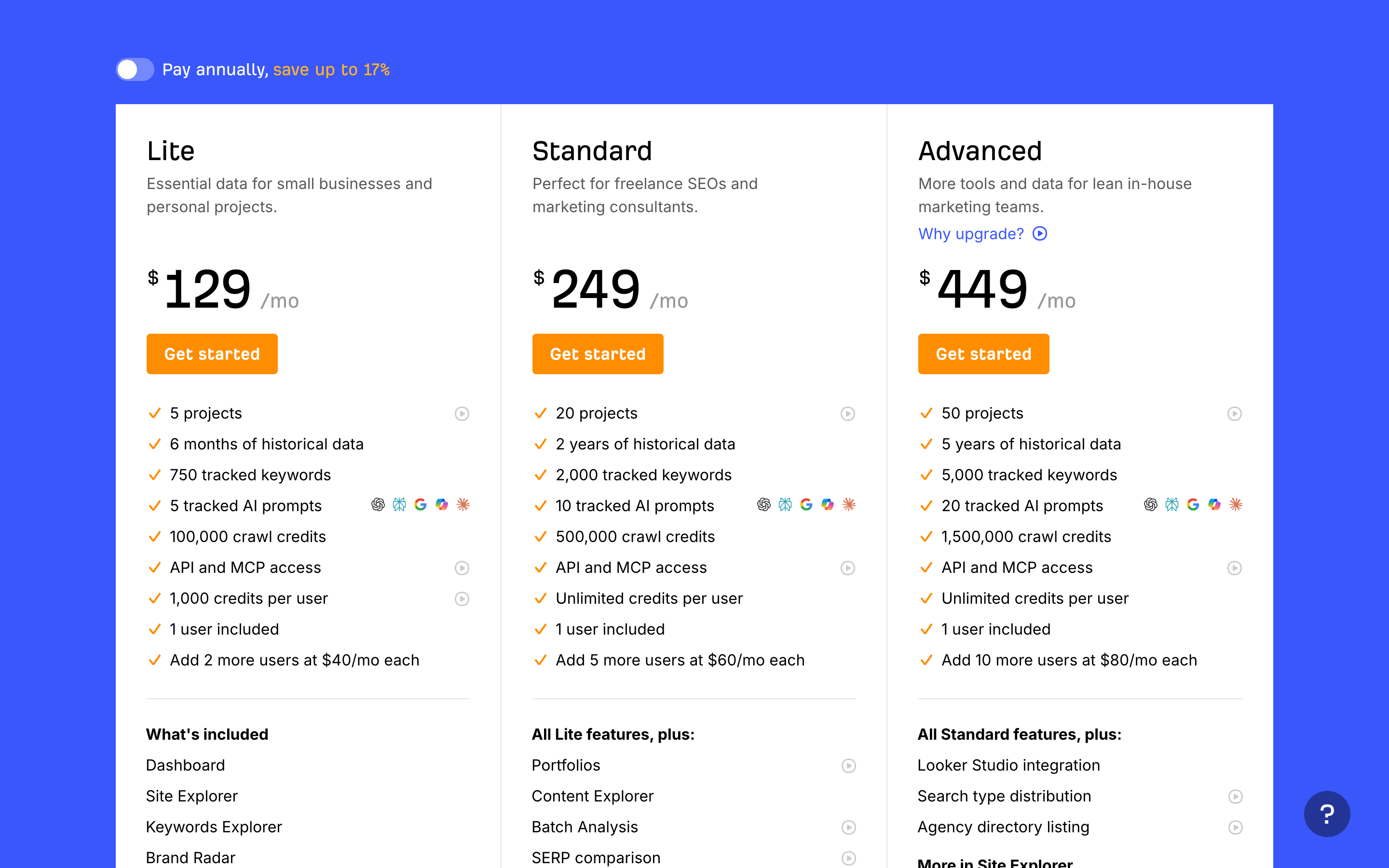 The Ahrefs pricing page, Lite at 129 dollars a month, Standard at 249 and Advanced at 449, each listing API and MCP access.