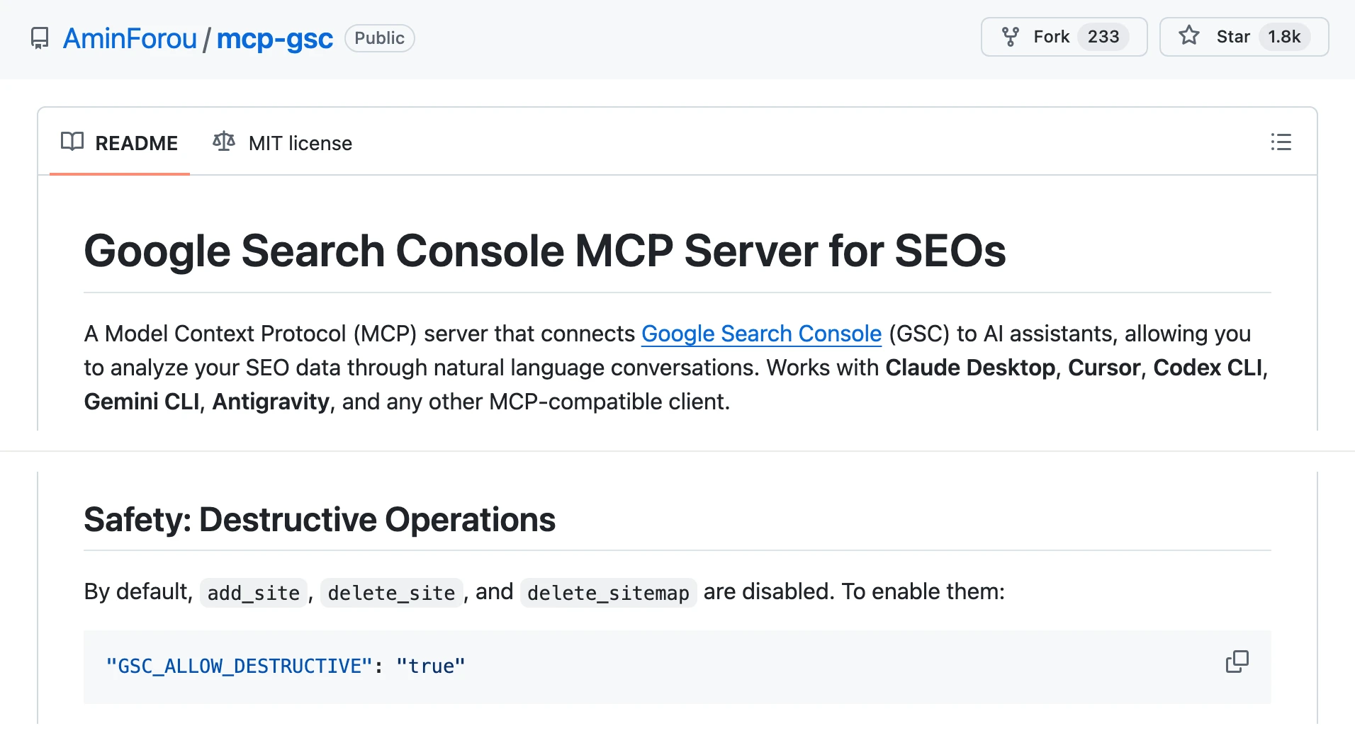 The AminForou/mcp-gsc GitHub repository, MIT licensed with 1.8k stars, whose README says add_site, delete_site and delete_sitemap are disabled by default.