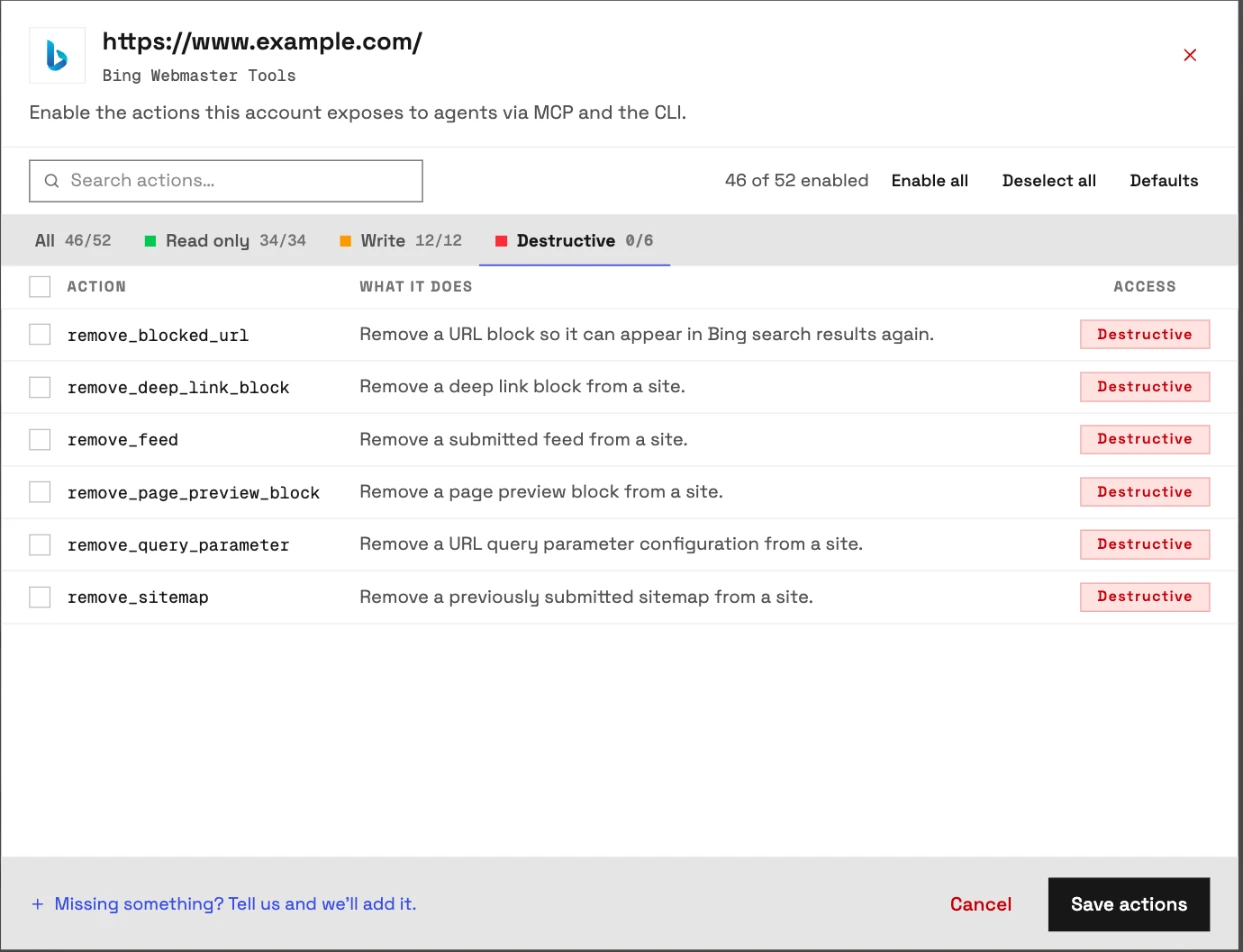 The actions for a connected Bing Webmaster Tools site in InsightfulPipe, Destructive tab: all six removal actions off, the default, with 46 of 52 actions on.