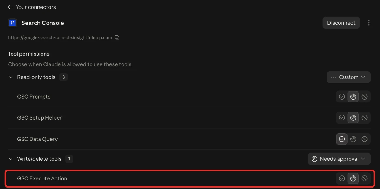 Claude's Tool permissions for the Search Console connector: GSC Data Query set to Always allow, and GSC Execute Action, the tool every change runs through, set to Needs approval.