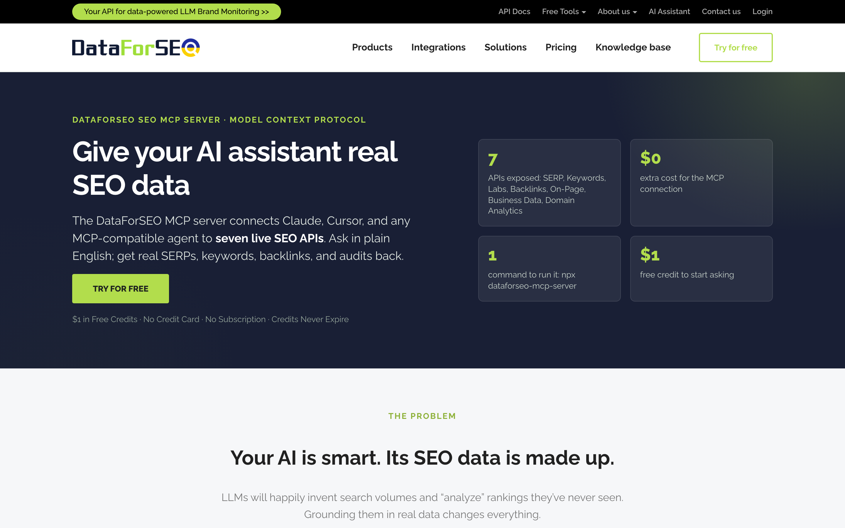 The DataForSEO MCP server page, give your AI assistant real SEO data, listing seven APIs exposed and no extra cost for the MCP connection.