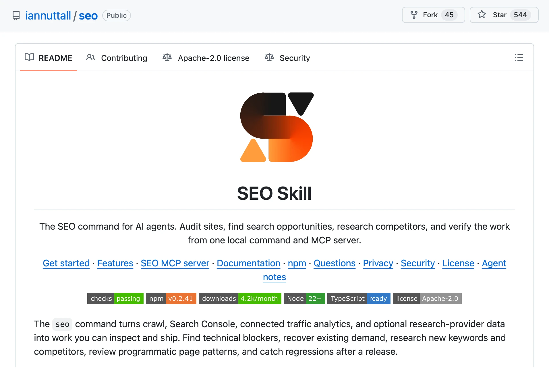 The iannuttall/seo GitHub repository, Apache-2.0 licensed with 544 stars, whose README opens with SEO Skill, the SEO command for AI agents that runs from one local command and MCP server.