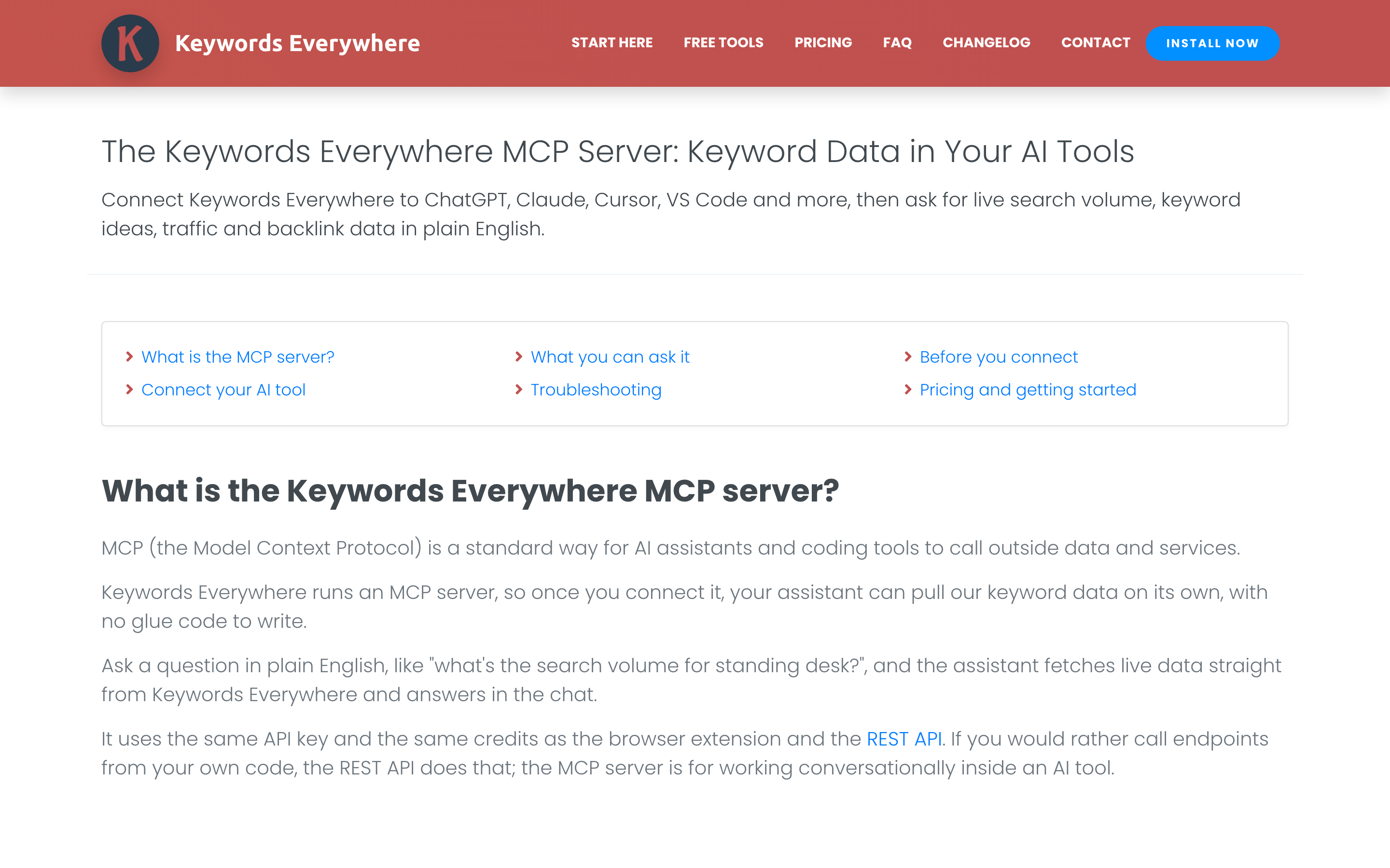 The Keywords Everywhere MCP server page, keyword data in your AI tools, for ChatGPT, Claude, Cursor, VS Code and more.