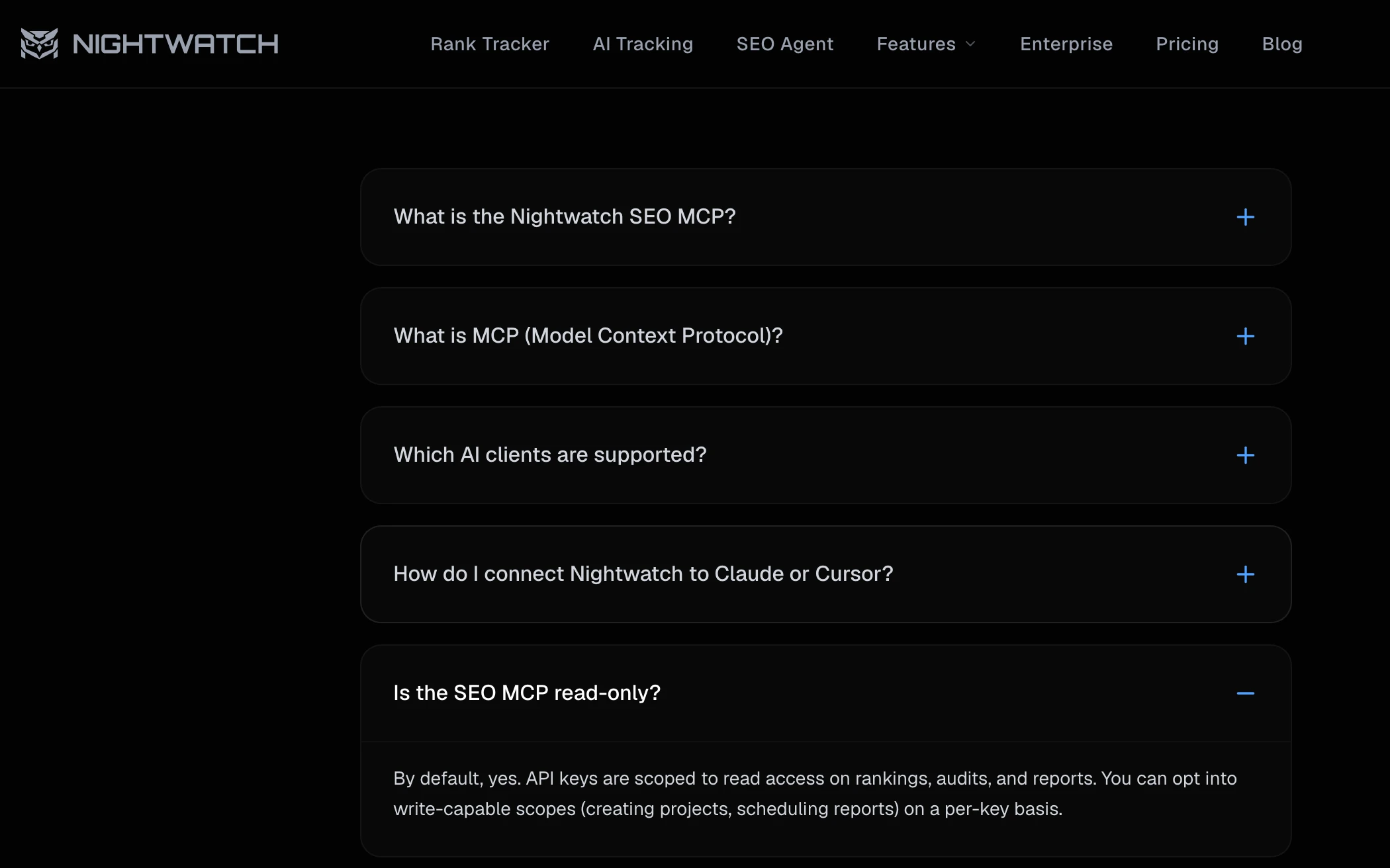Nightwatch's SEO MCP page FAQ answering whether the SEO MCP is read-only: by default yes, with API keys scoped to read access and write-capable scopes available on a per-key basis.