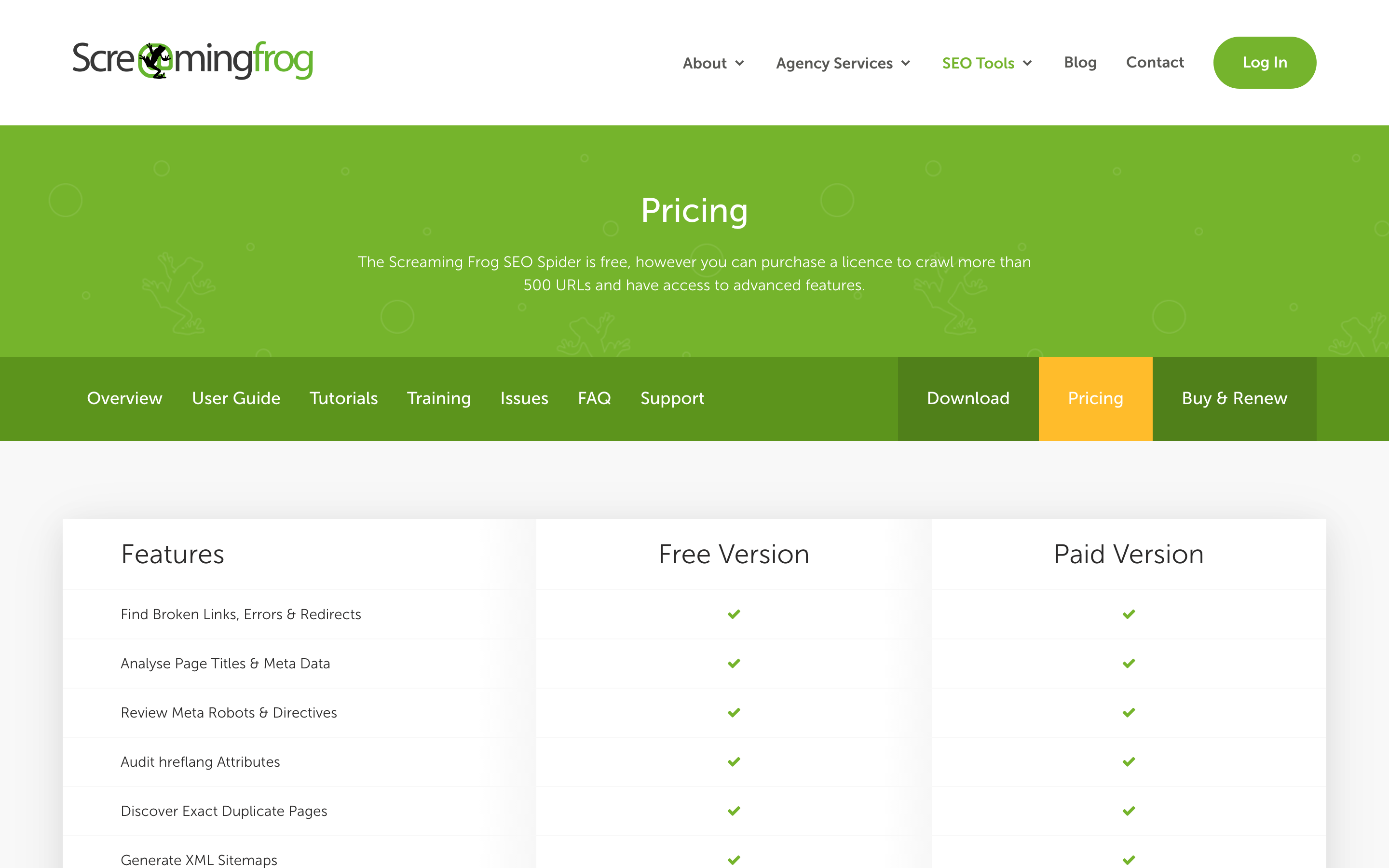 The Screaming Frog SEO Spider pricing page: the free version crawls up to 500 URLs, and a paid licence unlocks larger crawls and advanced features.
