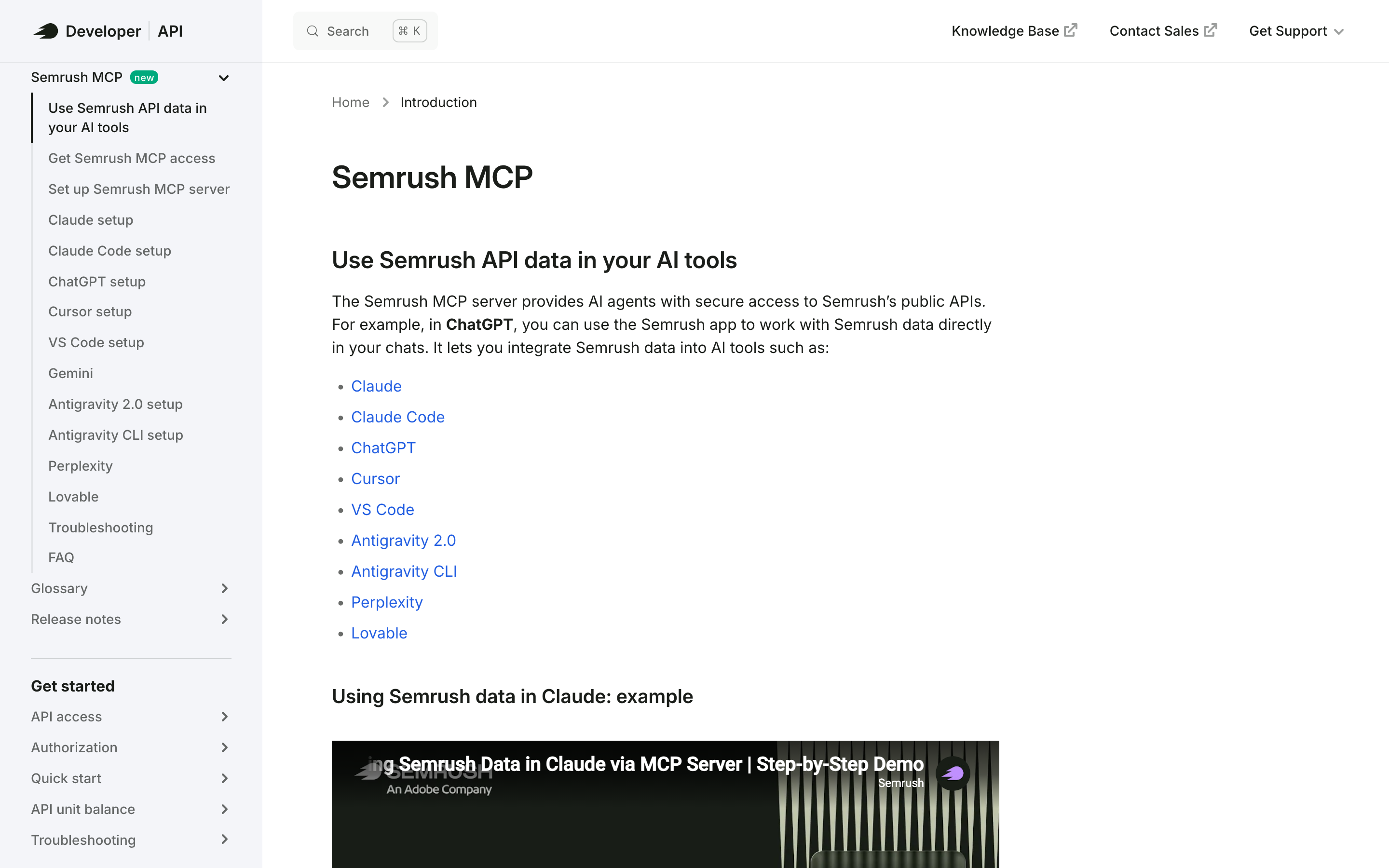 The Semrush MCP developer documentation, use Semrush API data in your AI tools, listing Claude, Claude Code, ChatGPT, Cursor, VS Code and four more clients.