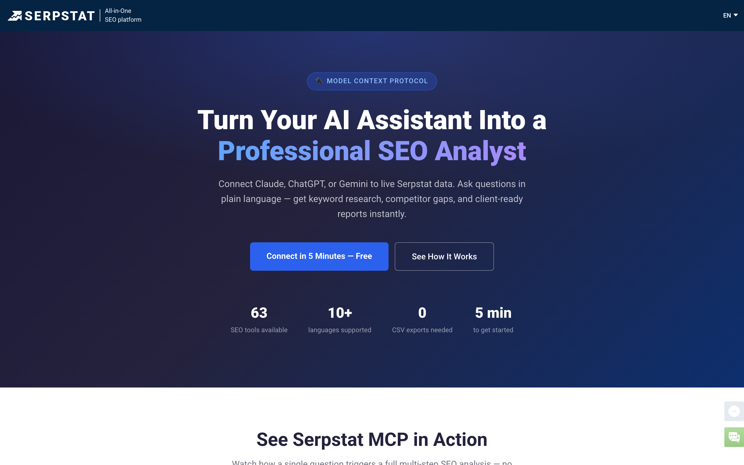 The Serpstat MCP page, turn your AI assistant into a professional SEO analyst, showing 63 SEO tools available.