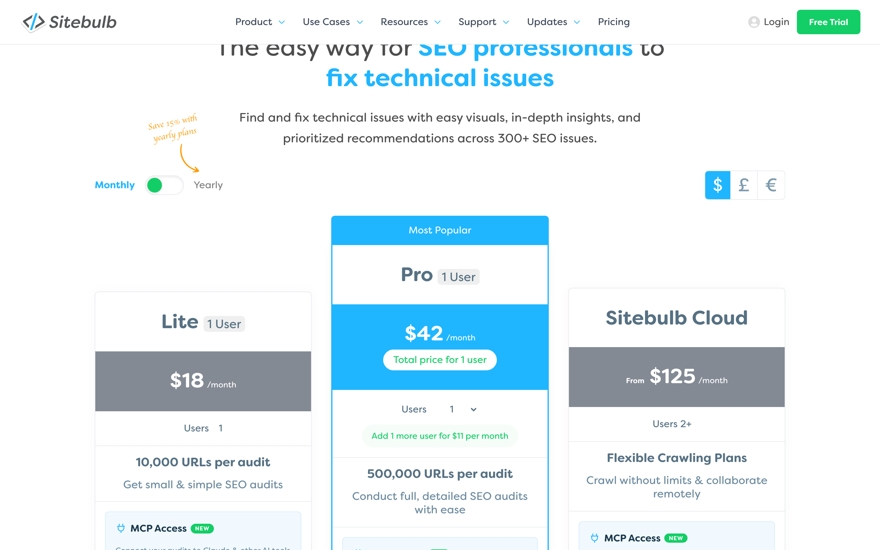 The Sitebulb pricing page, Lite at 18 dollars a month for 10,000 URLs per audit, Pro at 42 and Cloud from 125, each with MCP access.