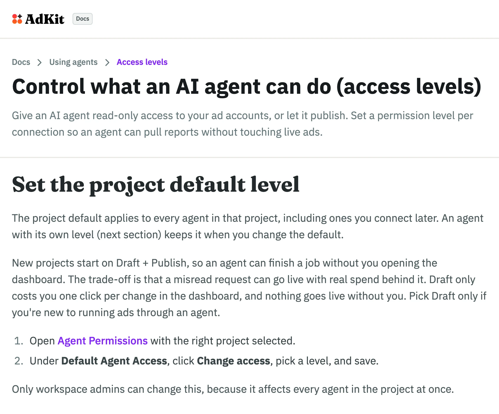 AdKit's access level docs: new projects start on Draft + Publish, where a misread request can go live with real spend behind it.