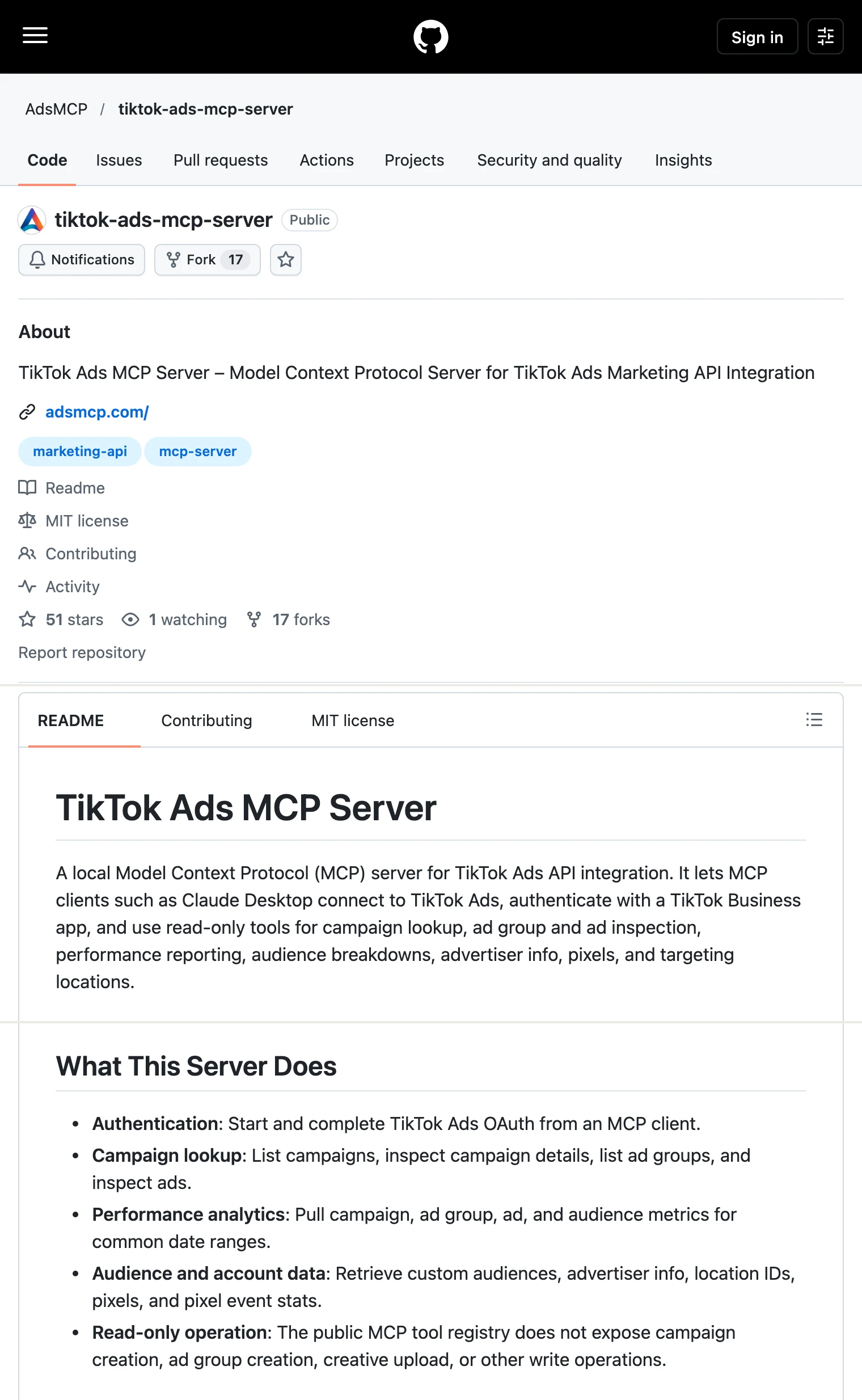 The AdsMCP TikTok Ads repository on GitHub: an MIT-licensed server whose tools only read, with no campaign creation or creative upload.