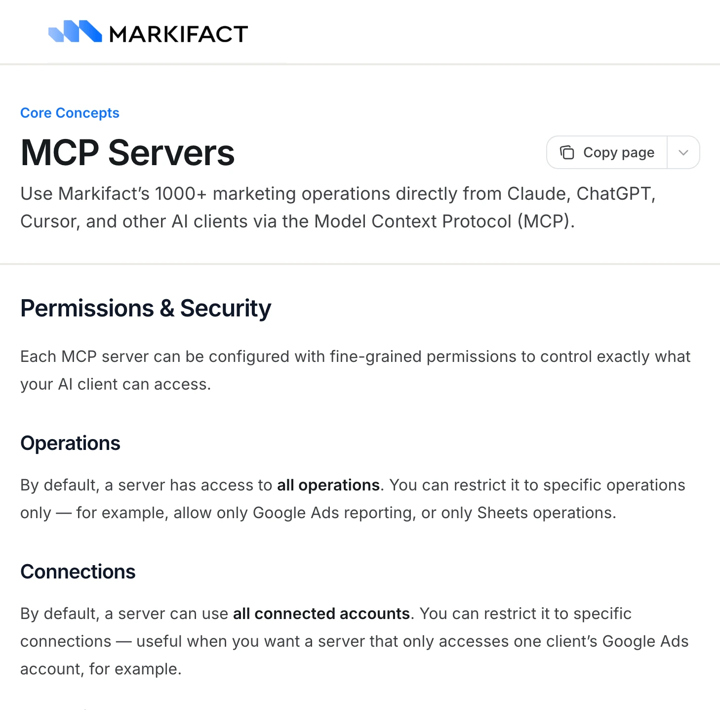 Markifact's MCP docs: by default a server has access to all operations and can use all connected accounts.