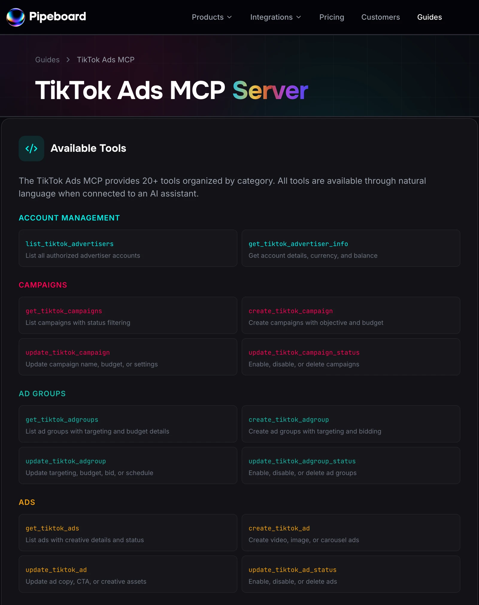 Pipeboard's TikTok Ads tool list: status tools that enable, disable or delete campaigns, ad groups and ads.