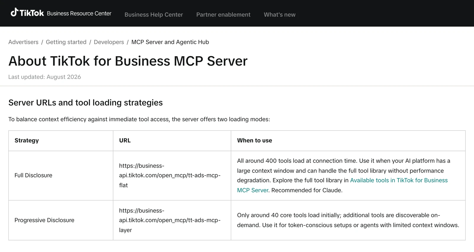 TikTok's help article on its MCP server, last updated August 2026: about 400 tools in full mode, recommended for Claude, or about 40 core tools loaded first.