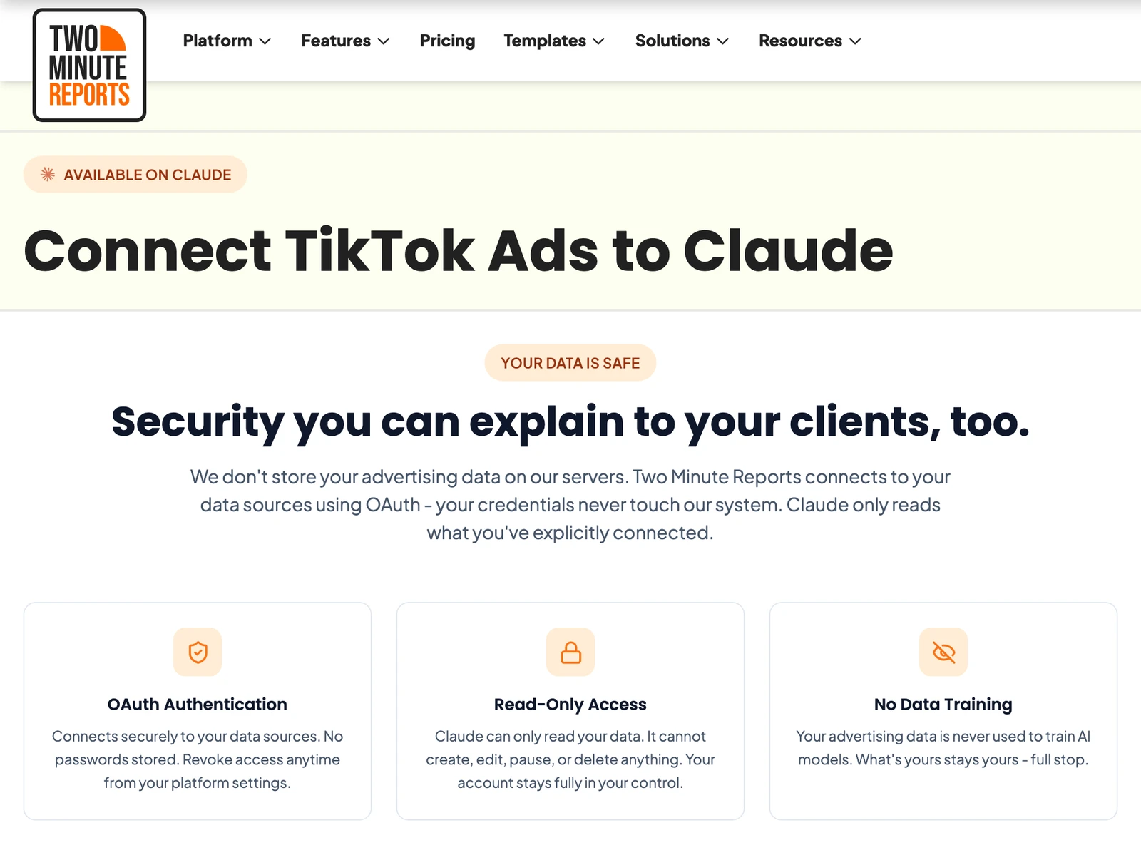 Two Minute Reports' TikTok Ads page: Claude can only read your data and cannot create, edit, pause or delete anything.