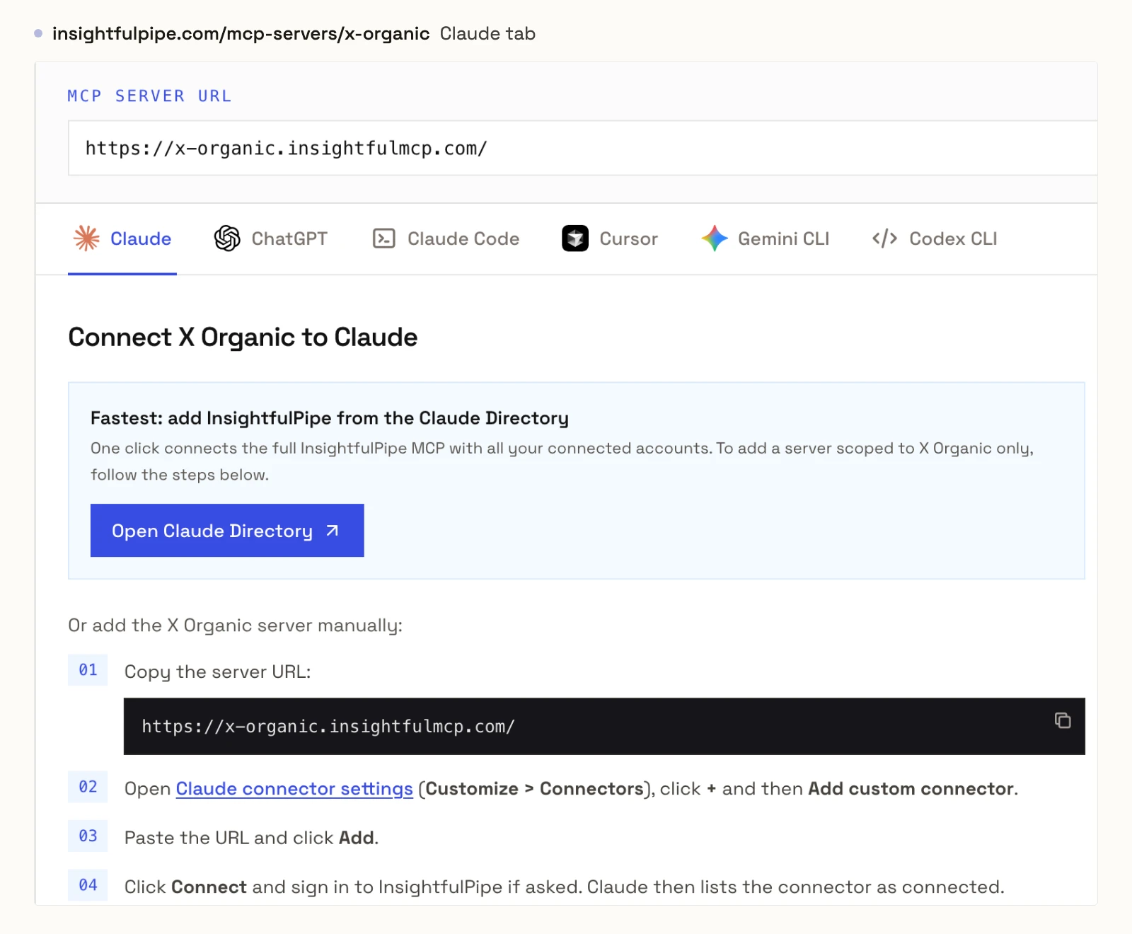 InsightfulPipe's X Organic MCP page on the Claude tab: the server URL https://x-organic.insightfulmcp.com/, the Open Claude Directory button, and four steps ending with click Connect and sign in if asked.