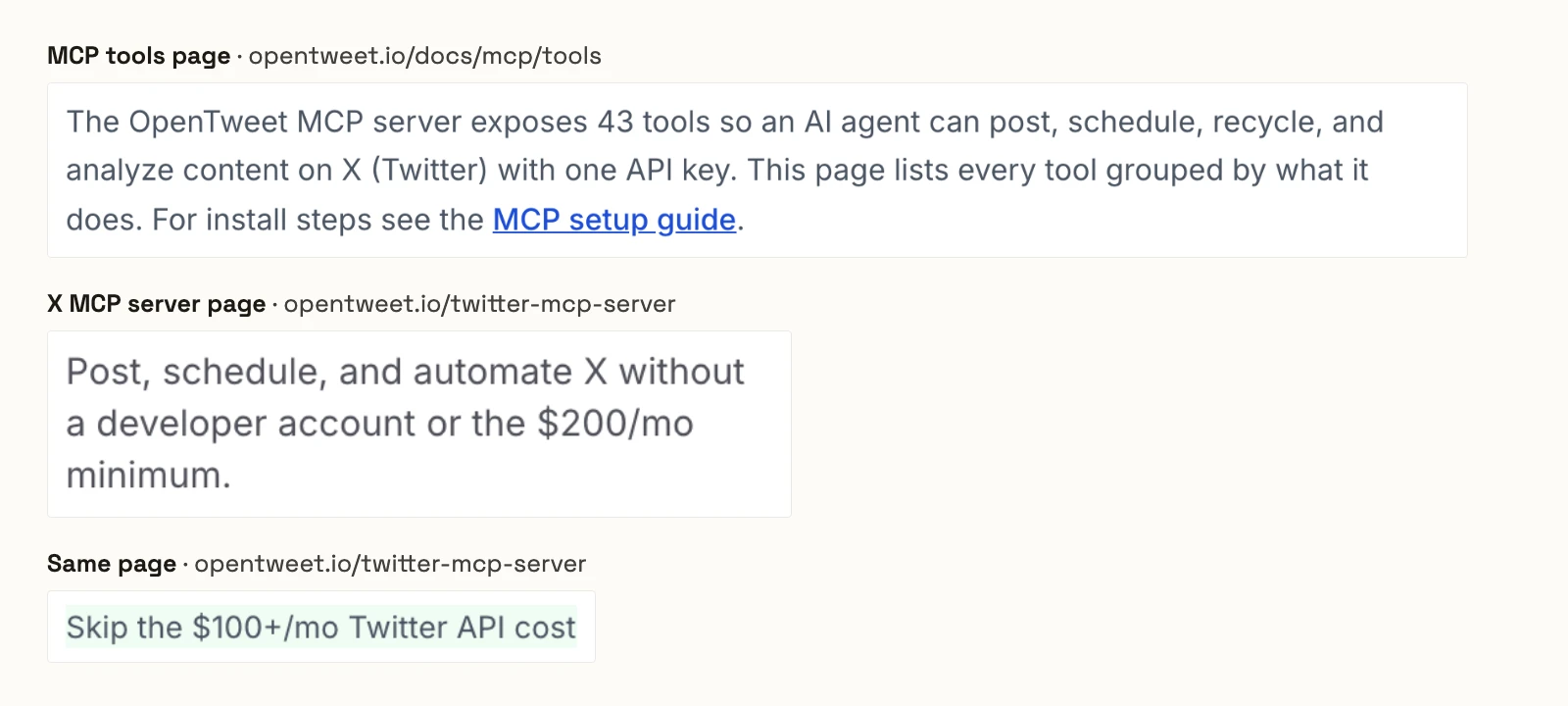 OpenTweet's MCP tools page saying it exposes 43 tools to post, schedule, recycle and analyze content, above its X MCP page promising no developer account or the $200/mo minimum and to skip the $100+/mo Twitter API cost.