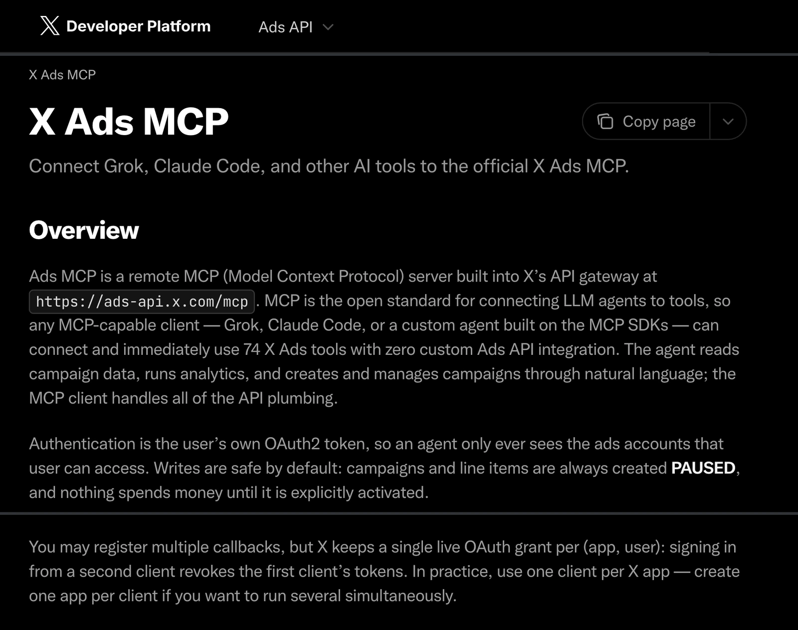 X's X Ads MCP docs: a remote server at ads-api.x.com/mcp with 74 X Ads tools, campaigns and line items always created PAUSED, and a single live OAuth grant per app and user.
