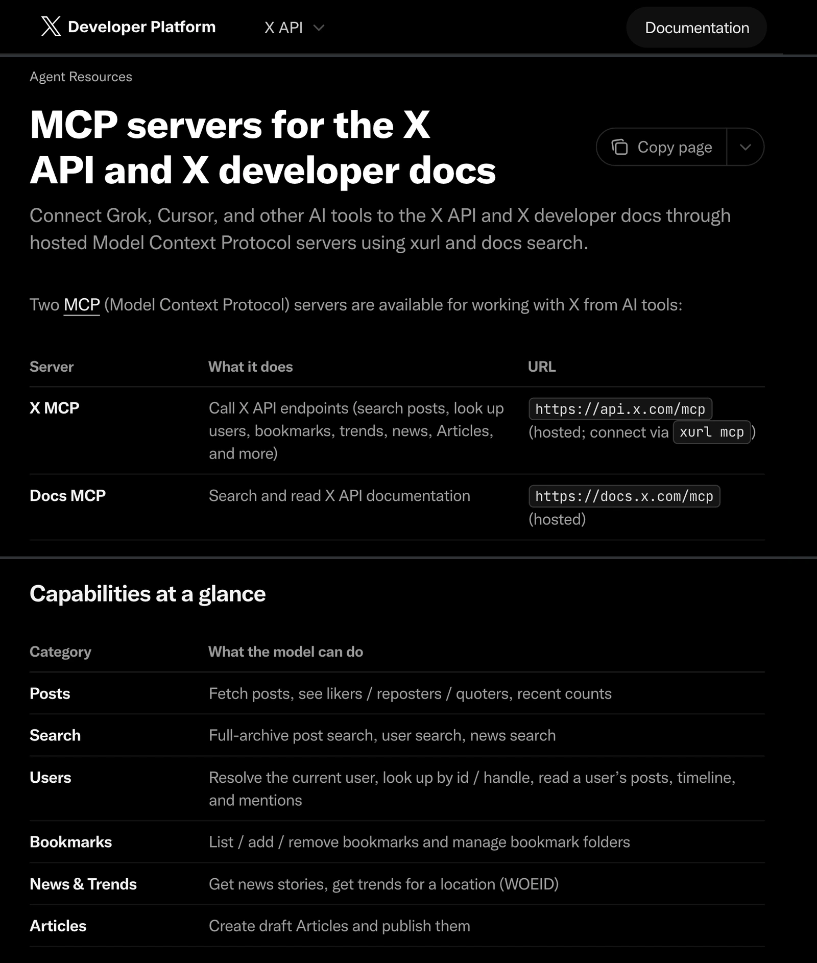 X's developer docs for its hosted X MCP at api.x.com/mcp: posts can be fetched, plus search, users, bookmarks, news, trends and Articles, with no tool listed for creating posts.