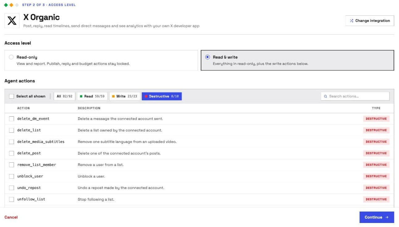 InsightfulPipe's X Organic access level step: Read & write chosen, 82 of 92 actions on, Read 59 of 59, Write 23 of 23, and the Destructive tab at 0 of 10, with delete_post, delete_dm_event and undo_repost off.