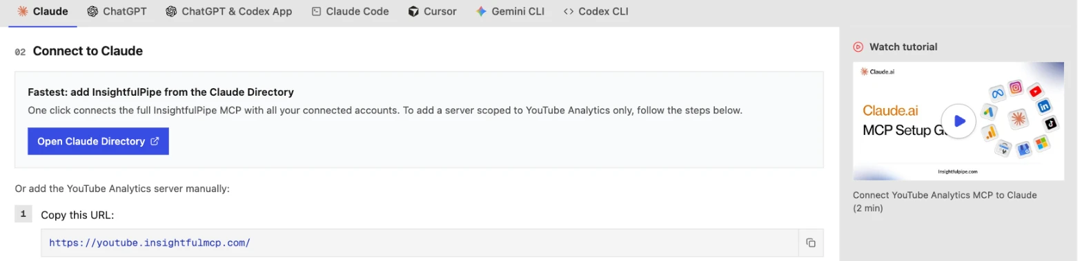InsightfulPipe's YouTube MCP guide on the Claude tab: the Open Claude Directory button and the server URL https://youtube.insightfulmcp.com/.