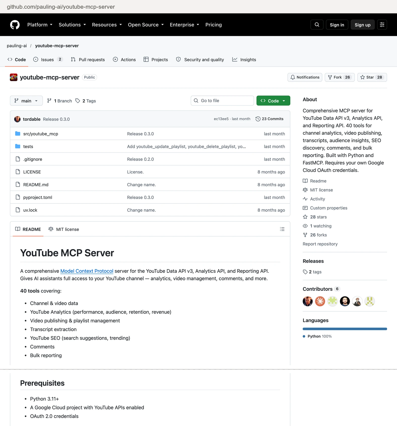 GitHub repository pauling-ai/youtube-mcp-server: MIT license, 28 stars, a README that opens with 40 tools covering channel data, analytics, publishing, transcripts, SEO, comments and bulk reporting, and a Prerequisites list with a Google Cloud project with YouTube APIs enabled.
