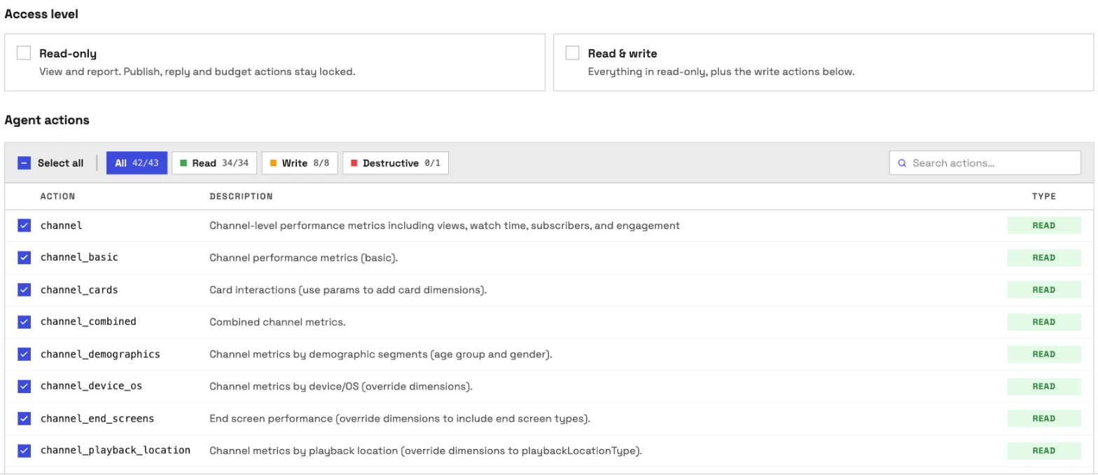 InsightfulPipe's YouTube access level step before the Google sign-in: 42 of 43 actions on, Read 34, Write 8, and Destructive at 0 of 1.