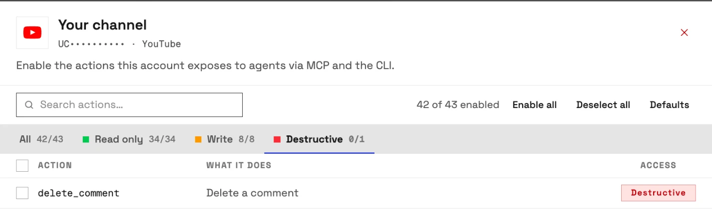 The actions for a connected YouTube channel in InsightfulPipe, Destructive tab: delete_comment off, with 42 of 43 actions enabled.