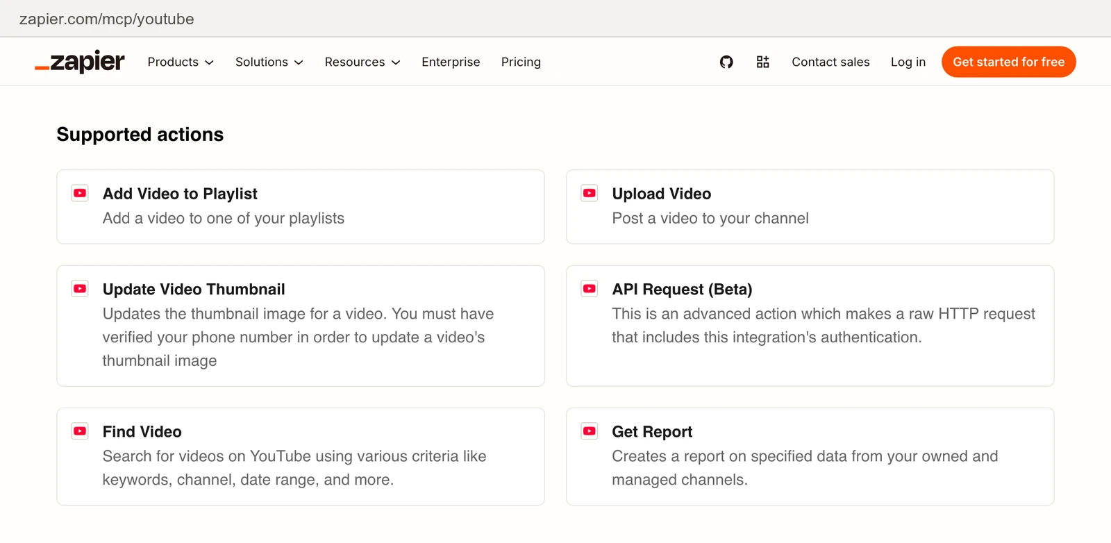 Zapier's YouTube MCP page listing its six supported actions: Add Video to Playlist, Upload Video, Update Video Thumbnail, API Request (Beta), which makes a raw HTTP request that includes the integration's authentication, Find Video and Get Report.