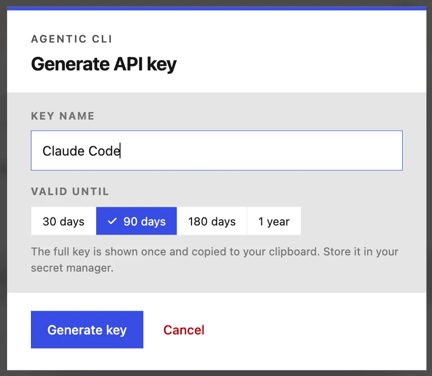 The Generate API key dialog on InsightfulPipe's Agentic CLI page: a key name, a validity of 30, 90 or 180 days or 1 year, and a note that the full key is shown once.