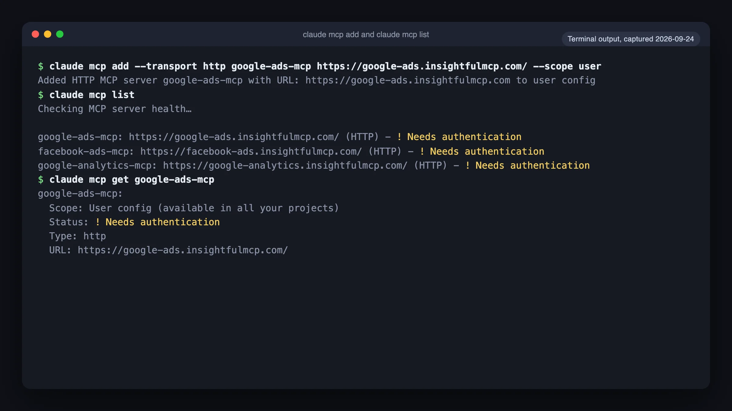 Terminal output: claude mcp add with --scope user, then claude mcp list showing three InsightfulPipe servers at Needs authentication until you sign in.