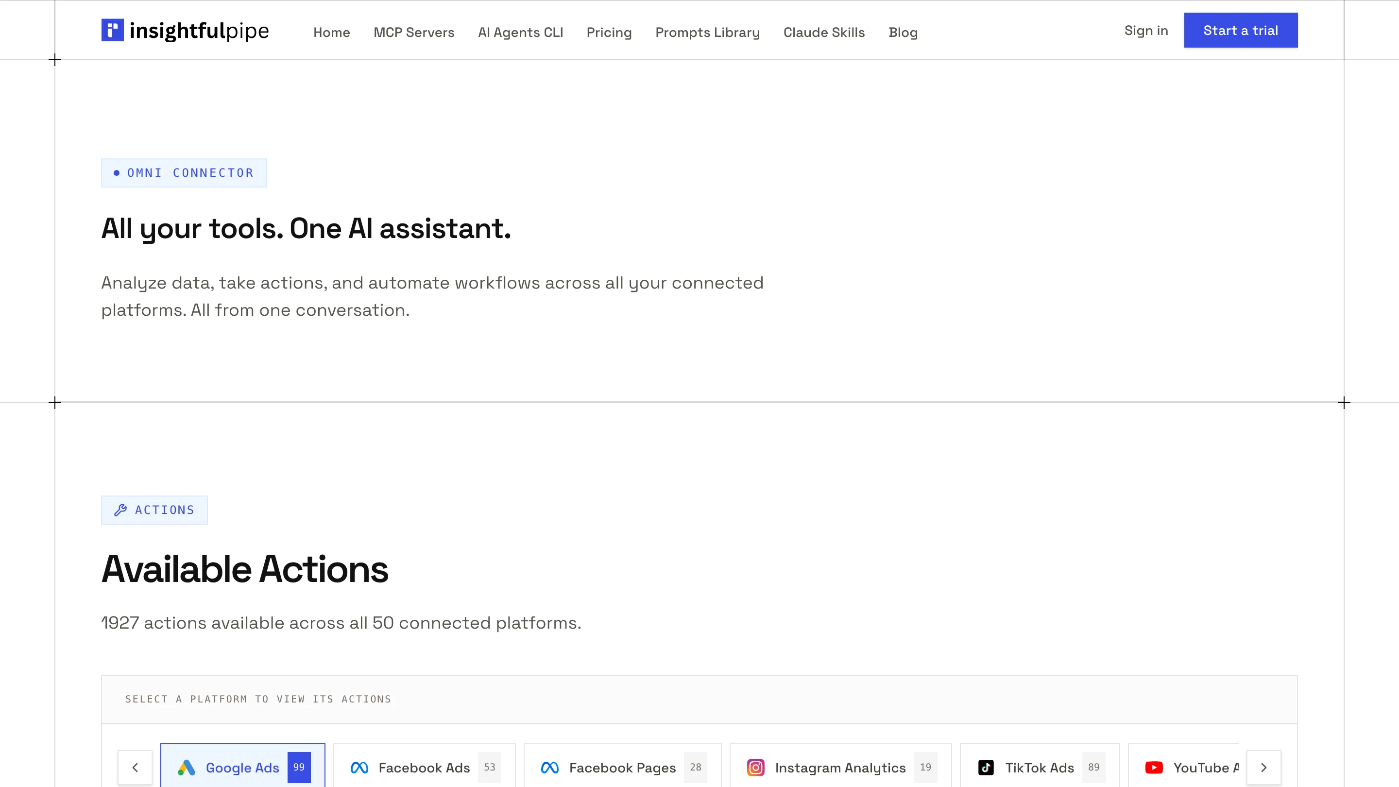 The InsightfulPipe MCP server page: 1,927 actions available across all 50 connected platforms, reachable through one connector.
