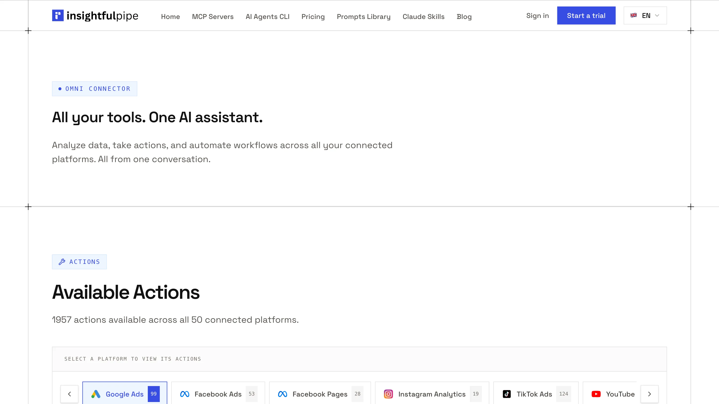 The InsightfulPipe MCP server page: 1957 actions available across all 50 connected platforms, reachable through one connector.