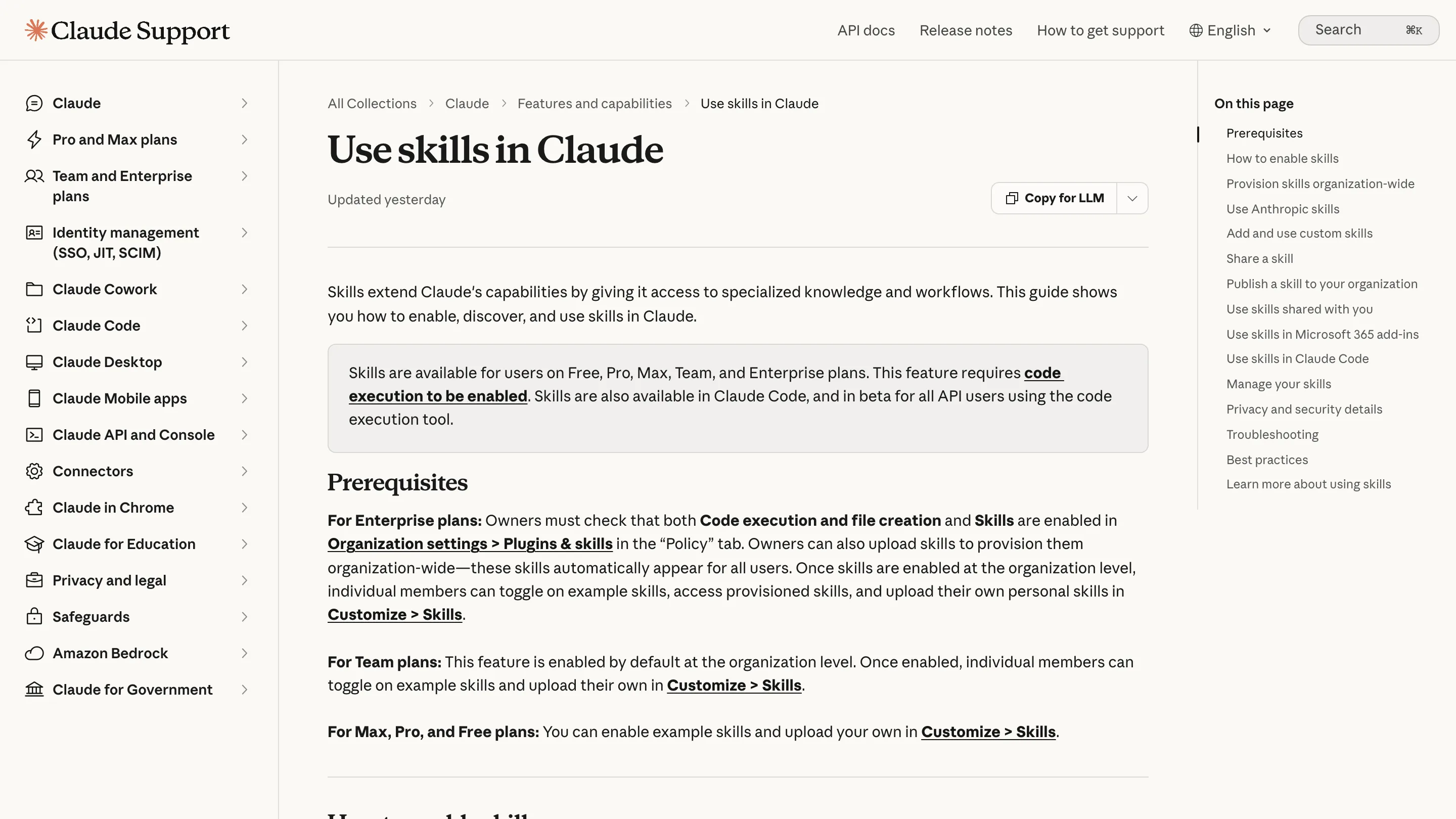 Anthropic's help centre article on using skills in Claude, listing skills on the Free, Pro, Max, Team and Enterprise plans with code execution on.