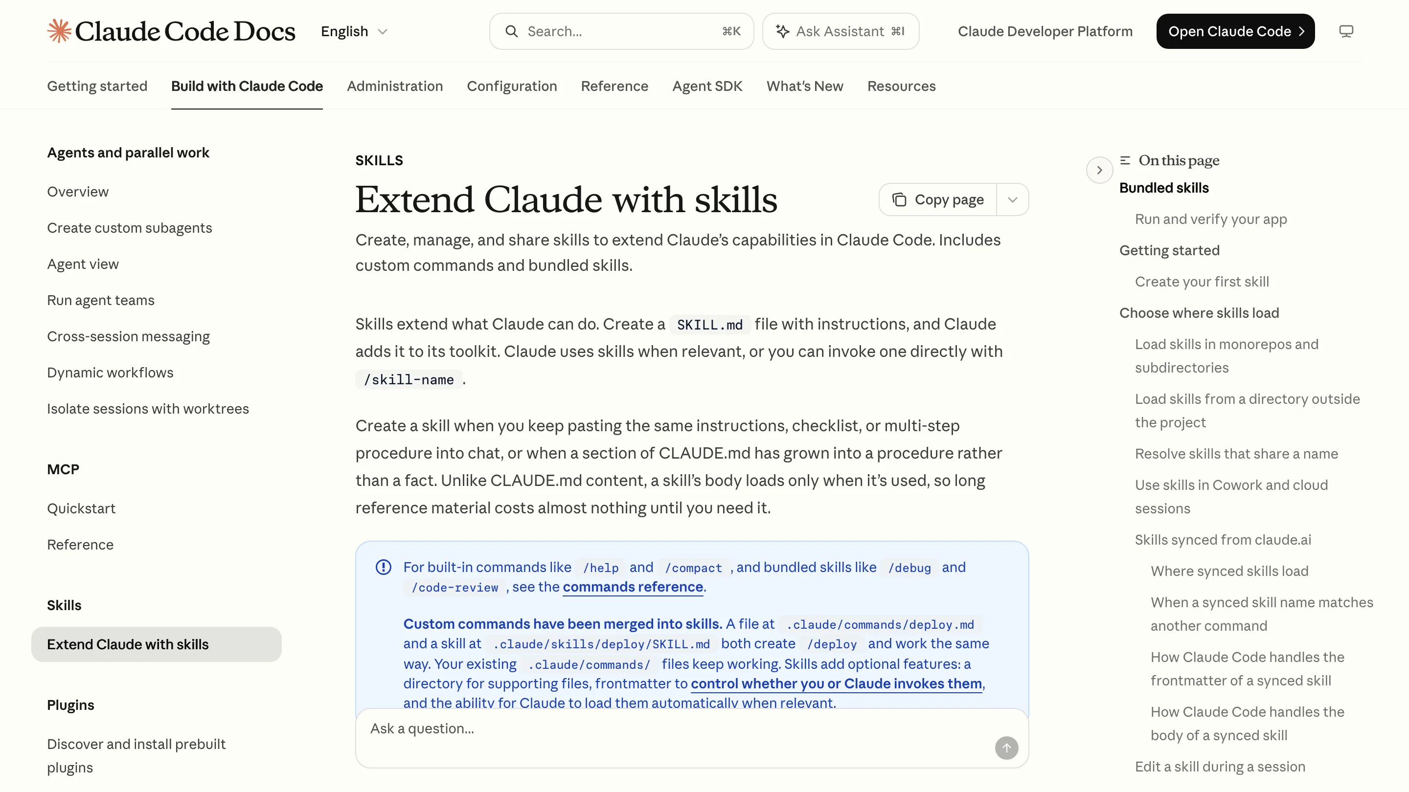 Claude Code's documentation on extending Claude with skills, including where personal and project skills load and how claude.ai skills sync.