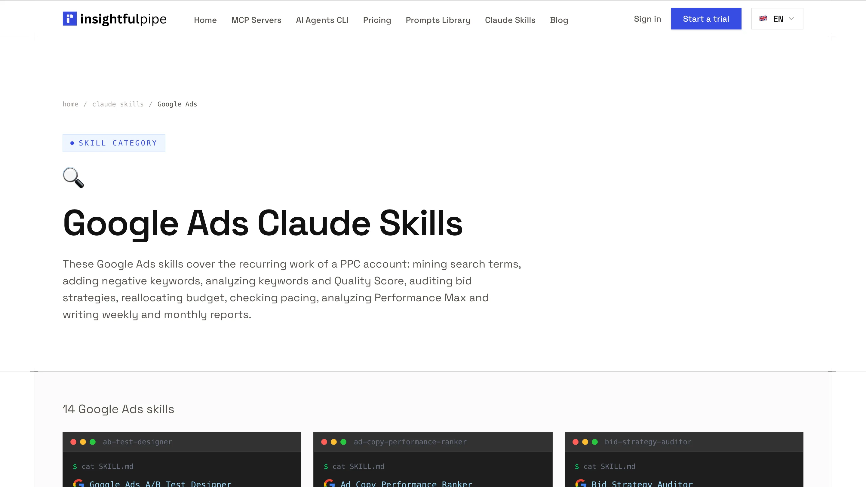 The Google Ads category of InsightfulPipe's skills library, listing 14 skills for search terms, keywords, bidding, budgets, pacing and reports.