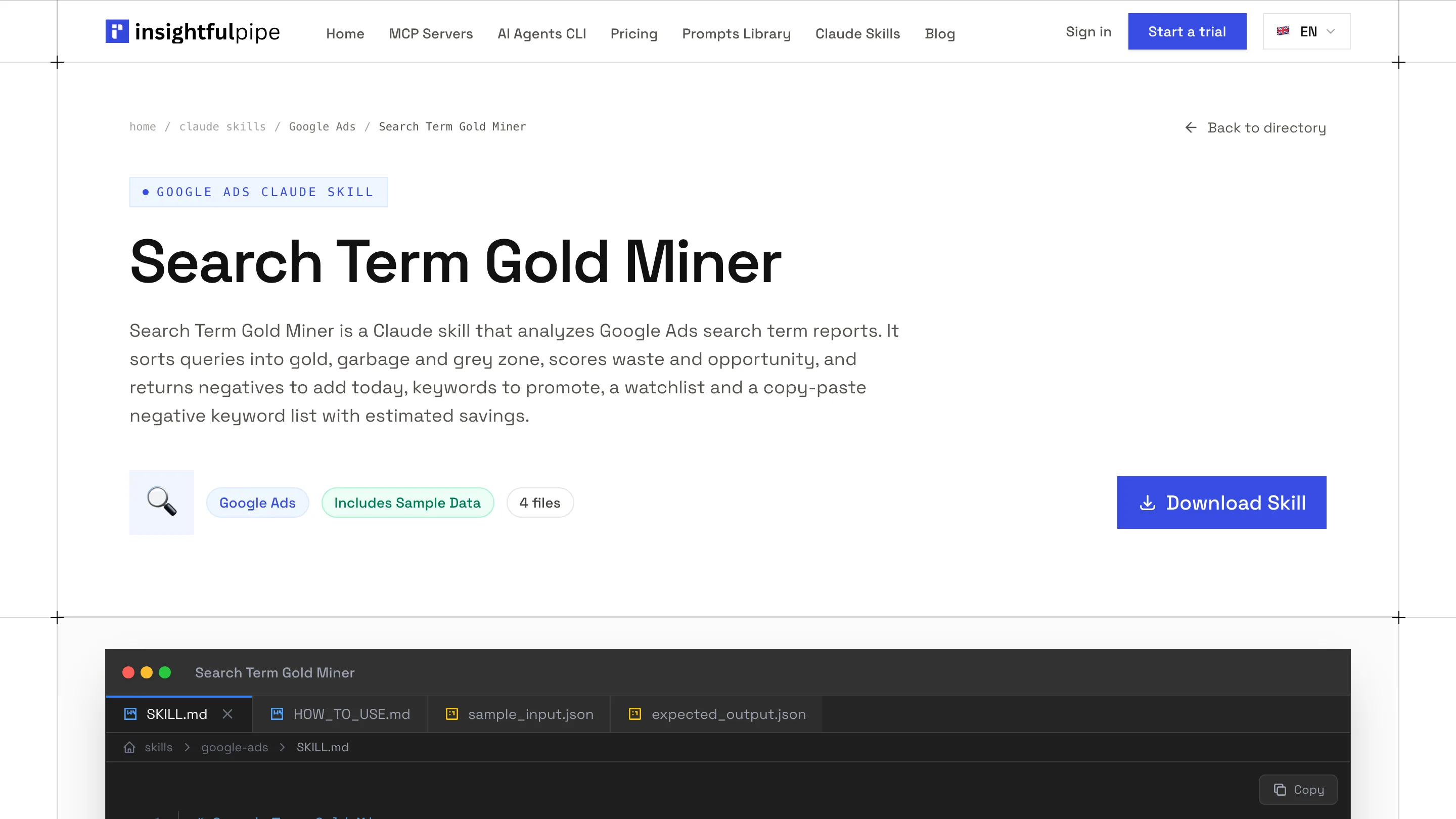 A skill page in InsightfulPipe's library: Search Term Gold Miner, with the Download Skill button and the four files inside the ZIP.