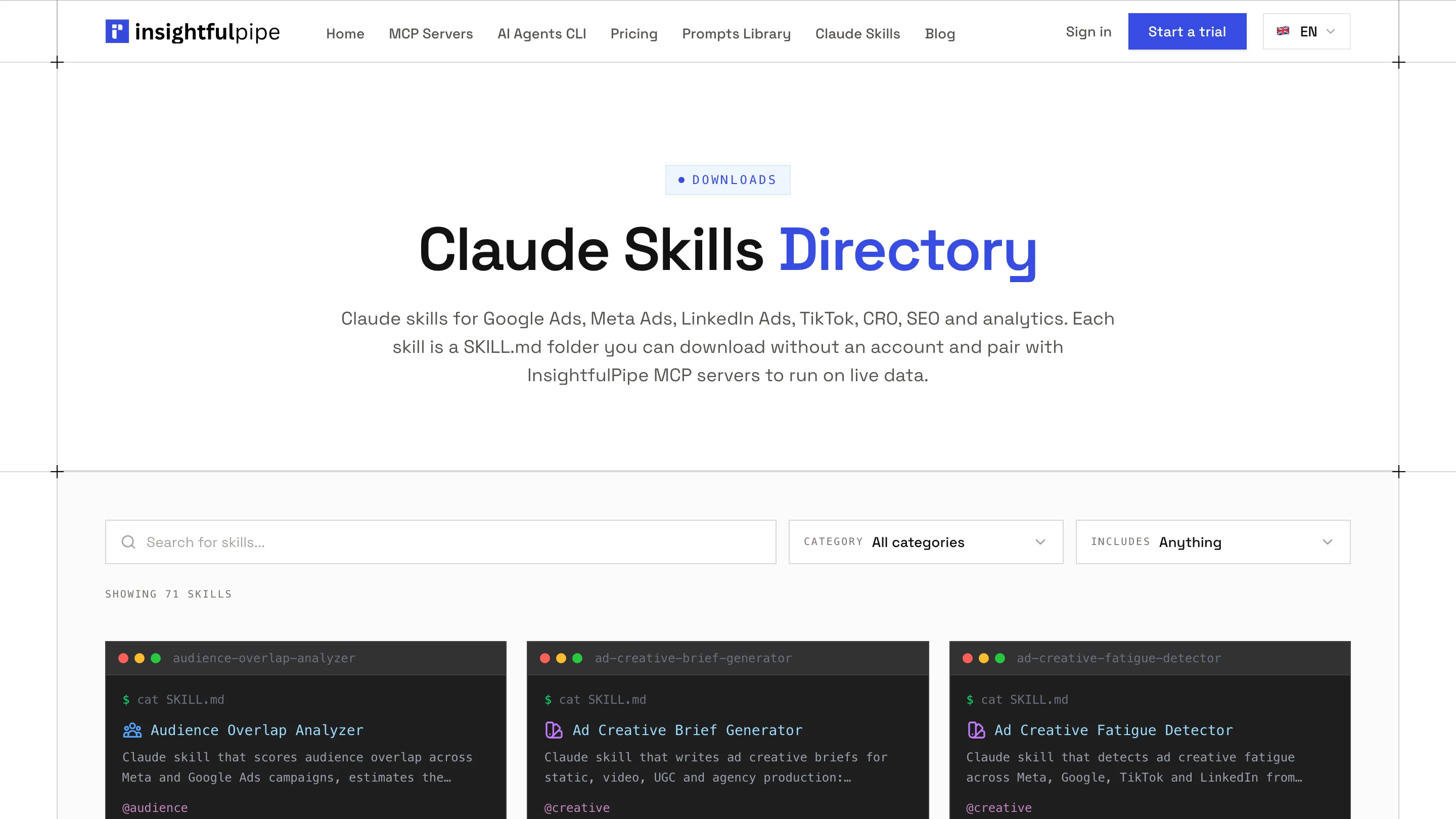 The InsightfulPipe Claude Skills Directory showing 71 skills, each a SKILL.md folder you can download without an account and run on live data.