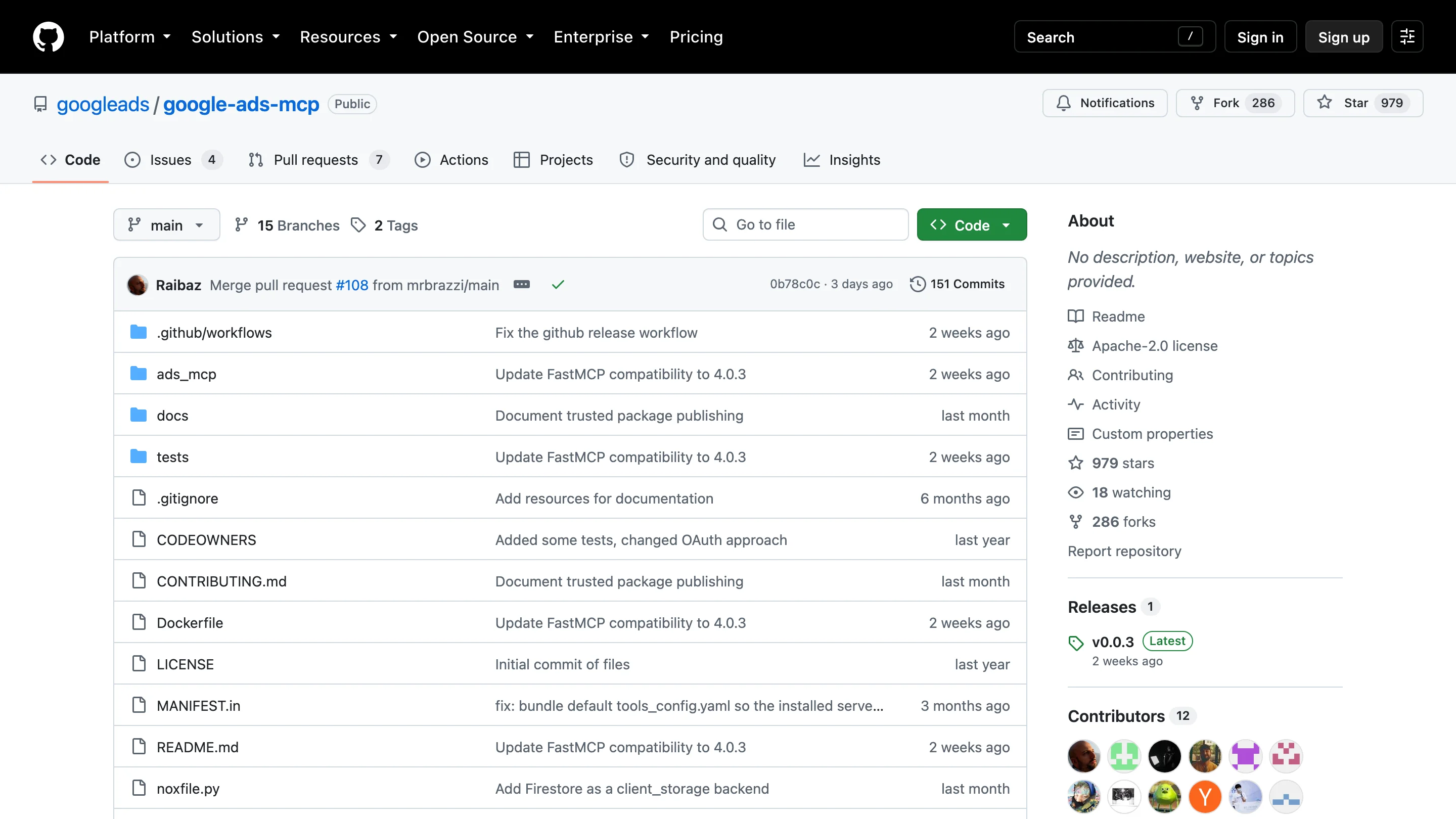 Google's google-ads-mcp repository on GitHub, the free Google Ads MCP server published by the Google Ads API team.