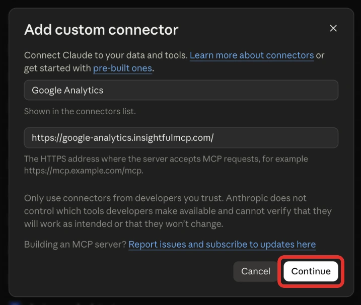 Claude's Add custom connector dialog with the name Google Analytics and https://google-analytics.insightfulmcp.com/ filled in, ready for Continue.
