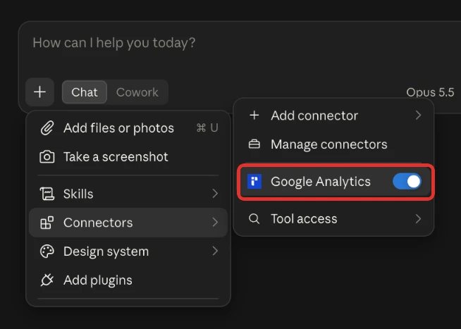 A new Claude chat with the + menu open on Connectors and the Google Analytics connector switched on.