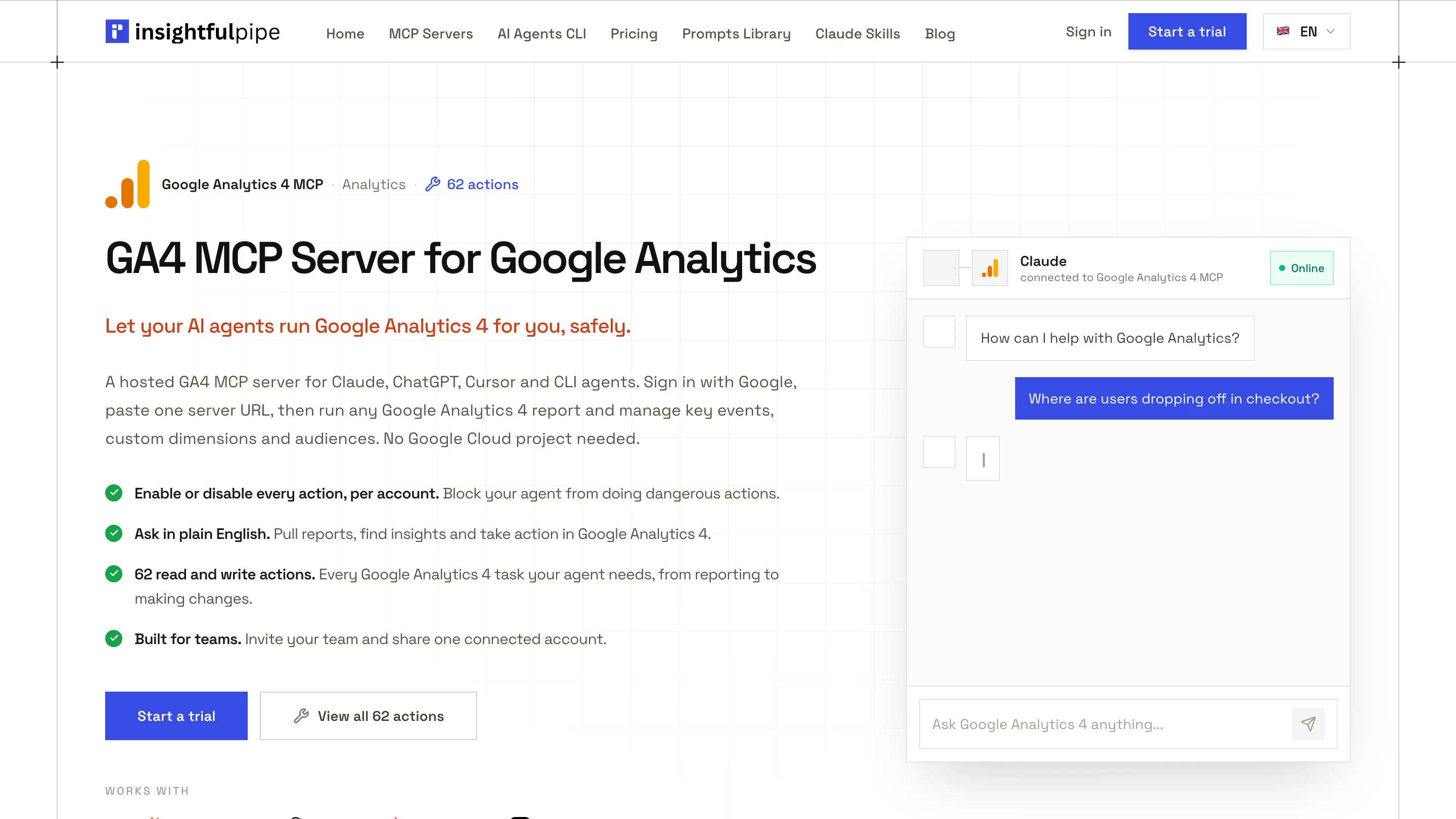 The GA4 MCP server page on insightfulpipe.com: 62 read and write actions, a Google sign-in, one server URL and no Google Cloud project needed.