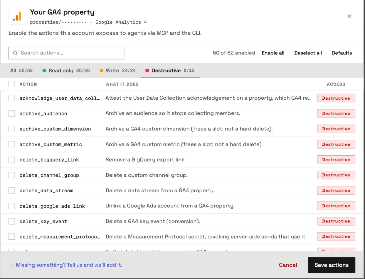The actions for a connected GA4 property in InsightfulPipe, Destructive tab: all 12 destructive actions off, the default, from delete_bigquery_link to delete_property, each a switch an admin can turn on.