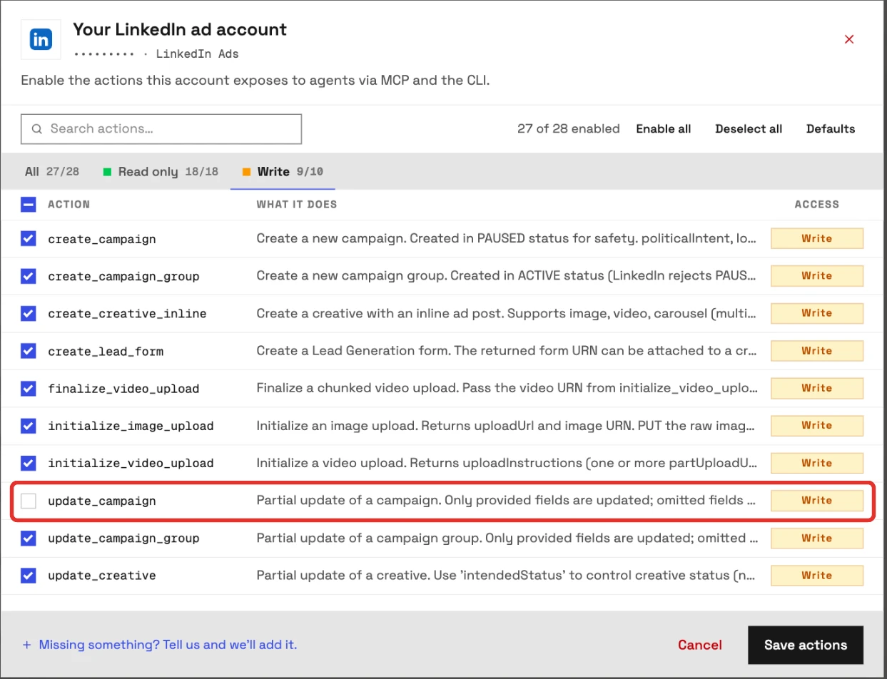 The actions for a connected LinkedIn Ads account in InsightfulPipe, Write tab: update_campaign, the action that can set a campaign live, switched off while the other writes stay on.