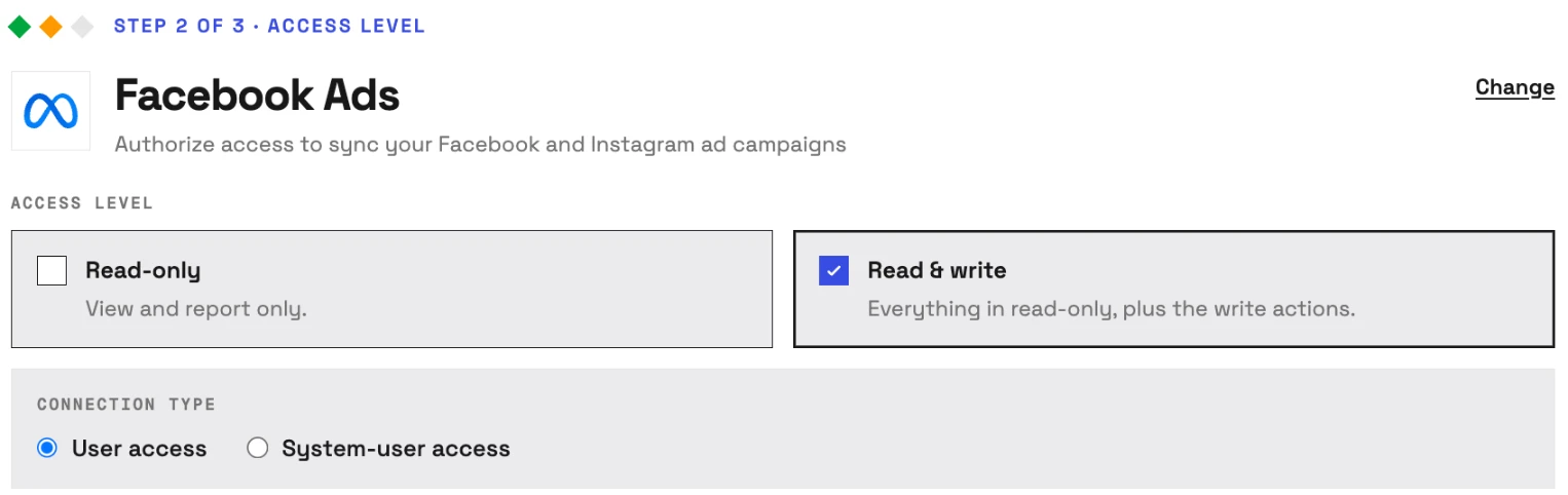 InsightfulPipe's Facebook Ads setup, step 2 of 3, before any sign-in: choose Read-only or Read & write, and with Read & write, User access or System-user access.