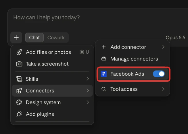 A new Claude chat with the + menu open on Connectors and the Facebook Ads connector switched on.