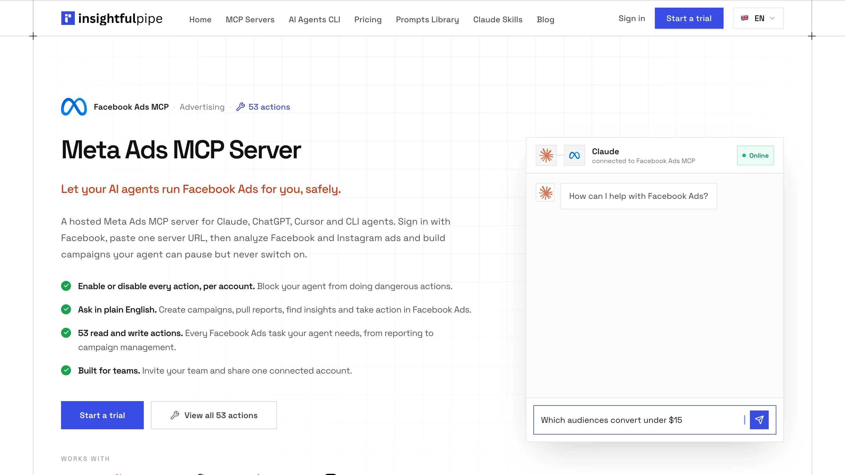 InsightfulPipe's Meta Ads MCP server page: a hosted server for Claude, ChatGPT and Cursor with 53 read and write actions, each enabled or disabled per account.